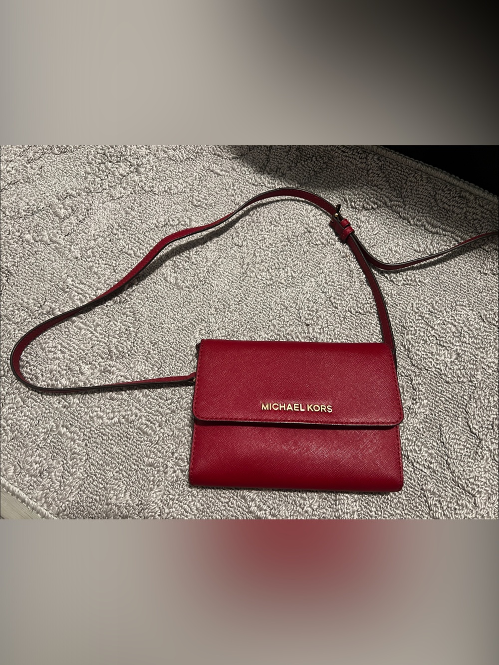 Michael Kors Red Saffiano Leather Crossbody Wallet with Gold Logo